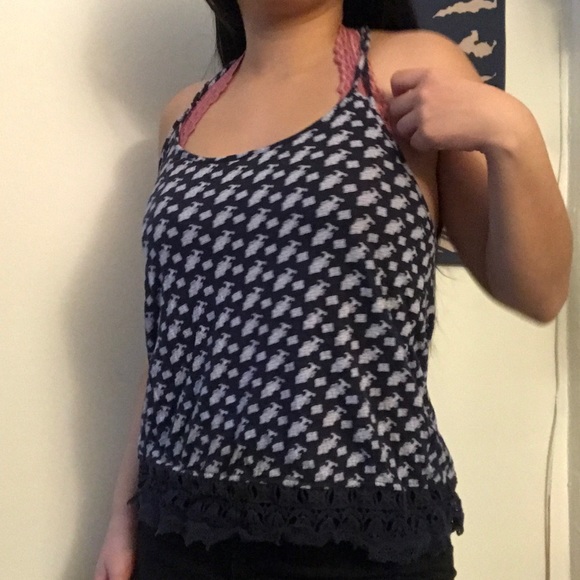 Flowy Floral Fruit Patterned Navy Blue Top - Picture 3 of 4